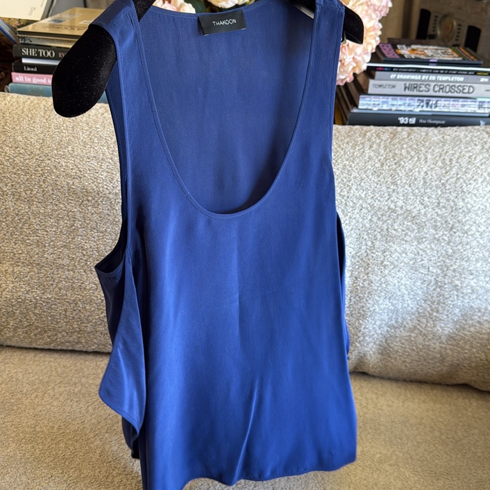 Thakoon Silk Sleeveless Top Bloss Flowy Ruffle Blue Scoop Neck